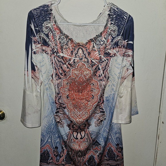 Reba Tops - Reba Women's Blue and Red Patterned Blouse